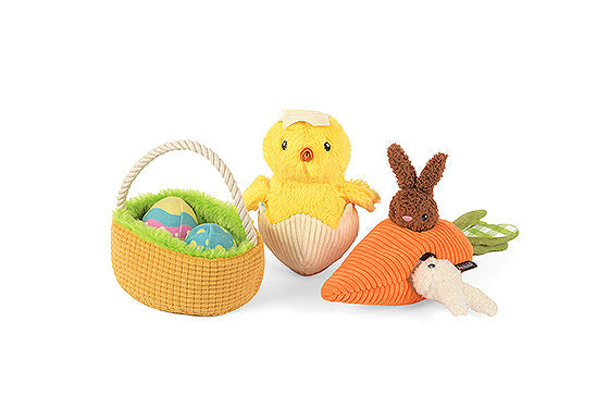 P.L.A.Y. Hippity Hoppity Squeaky Plush Dog toys, Funny Bunnies