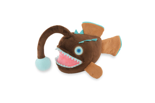 P.L.A.Y. Ocean Buddies Angler Fish squeaky & rope plush dog toy with a glowing lure detail.