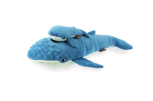 P.L.A.Y. Ocean Buddies Big Blue and Baby Blue whale interactive squeaky plush dog toy duo in blue fabric.