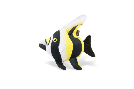 P.L.A.Y. Ocean Buddies Moorish Idol colourful tropical fish interactive squeaky plush dog toy with yellow, black, and white stripes.