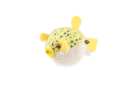 P.L.A.Y. Ocean Buddies Puffer Fish interactive squeaky plush dog toy in a round, spiky-textured design.