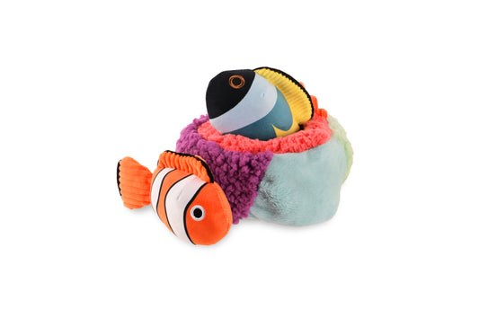 P.L.A.Y. Ocean Buddies Reef Retreat colourful coral reef interactive plush dog toy with two small squeaky fish.