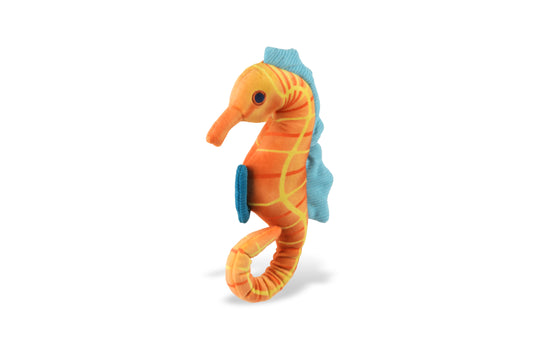 P.L.A.Y. Ocean Buddies Seahorse squeaky plush dog toy in a soft, whimsical design.