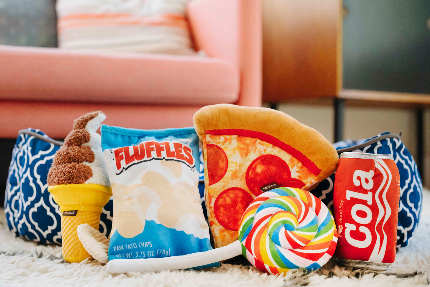 P.L.A.Y. Snack Attack Squeaky Plush Dog toys, Fluffles Chips