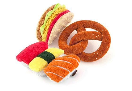 P.L.A.Y. International Classic squeaky crinkly dog toys Taco Sushi Pretzel