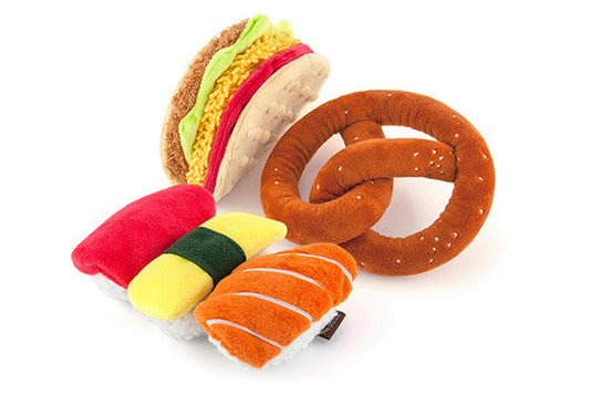 P.L.A.Y. International Classic squeaky crinkly dog toys Taco Sushi Pretzel