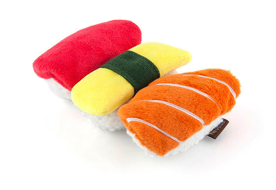 P.L.A.Y. International Classic squeaky crinkly dog toys Taco Sushi Pretzel
