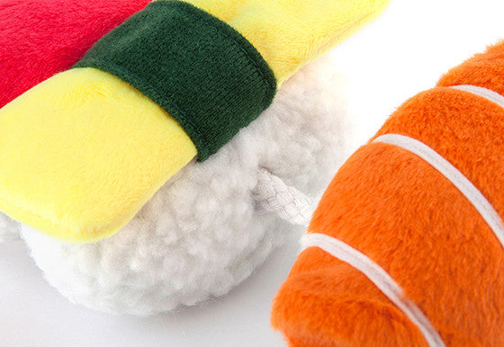 P.L.A.Y. International Classic squeaky crinkly dog toys Taco Sushi Pretzel