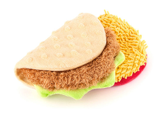 P.L.A.Y. International Classic squeaky crinkly dog toys Taco Sushi Pretzel