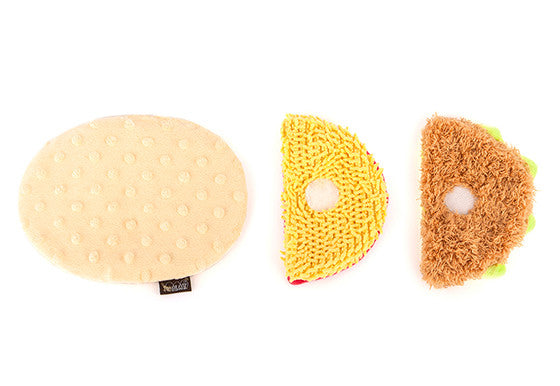 P.L.A.Y. International Classic squeaky crinkly dog toys Taco Sushi Pretzel